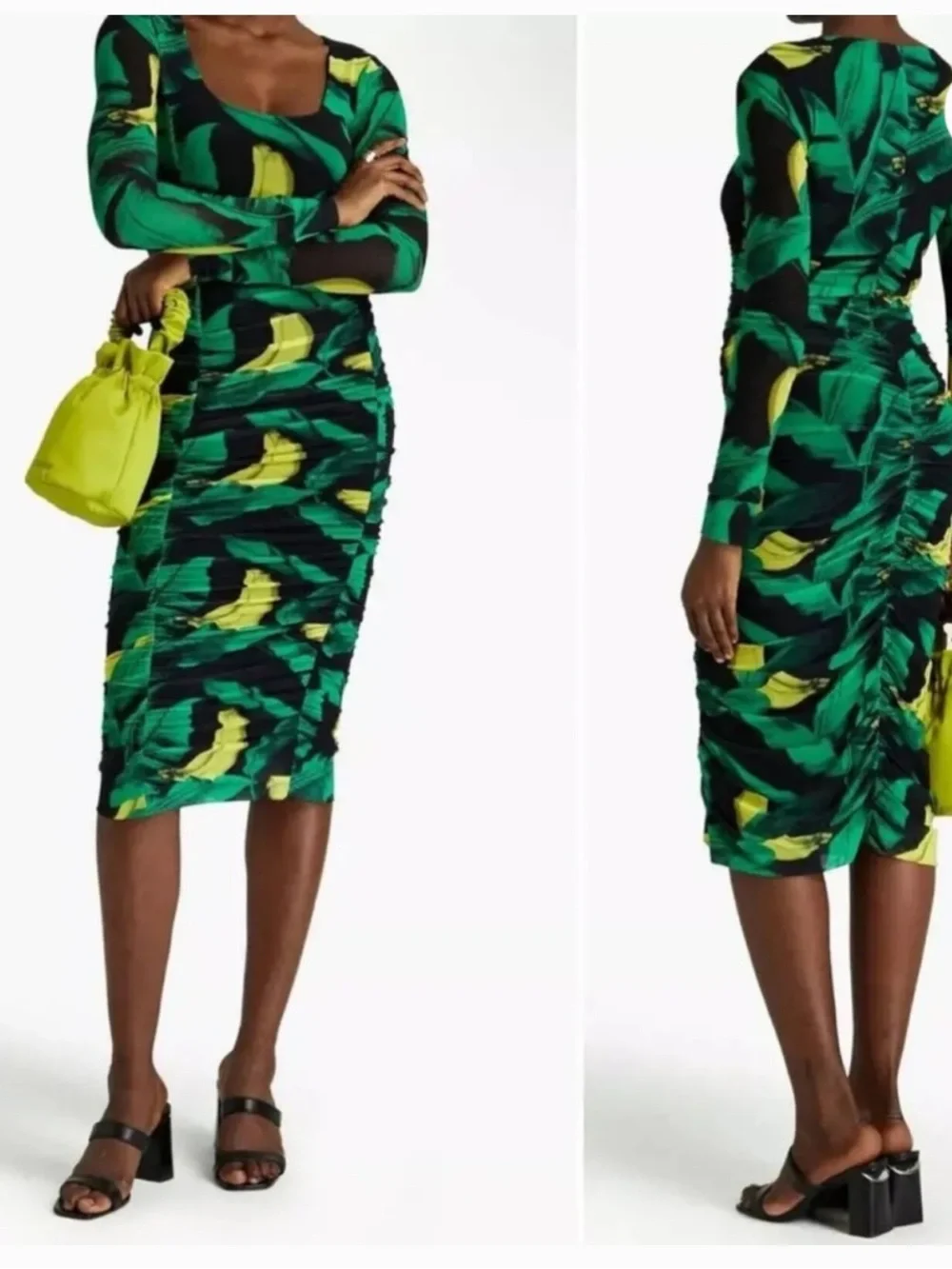 Ganni Tulle Ruched Gathered Bodycon Midi Dress Green Floral Print